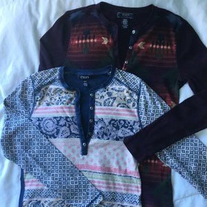 CHAPS Womens Size S Printed Long Sleeved Henley Tops 100% Cotton
